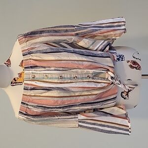 Milage striped off the shoulder crop top.  Tie at waist.  Size guess Medium